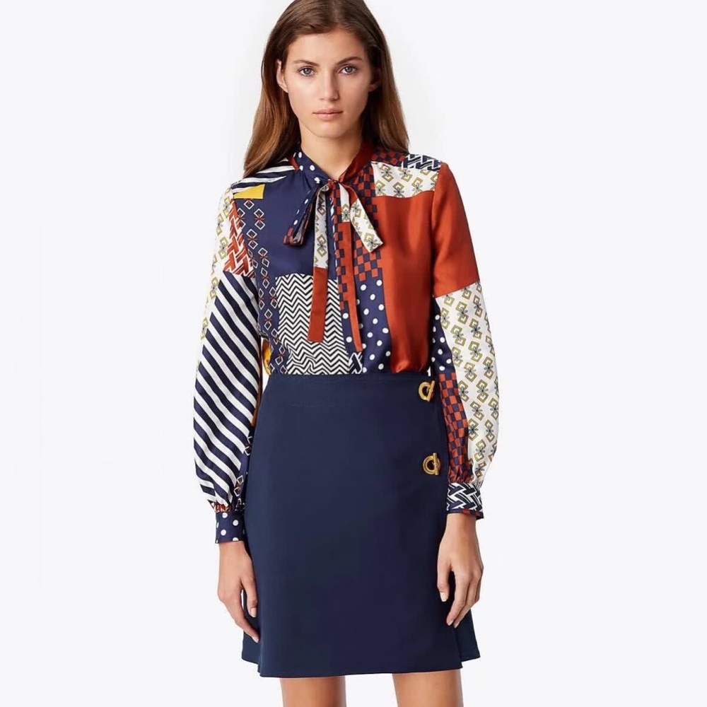 NWT Tory Burch Vivian Patchwork Silk Blouse - Picture 2 of 6